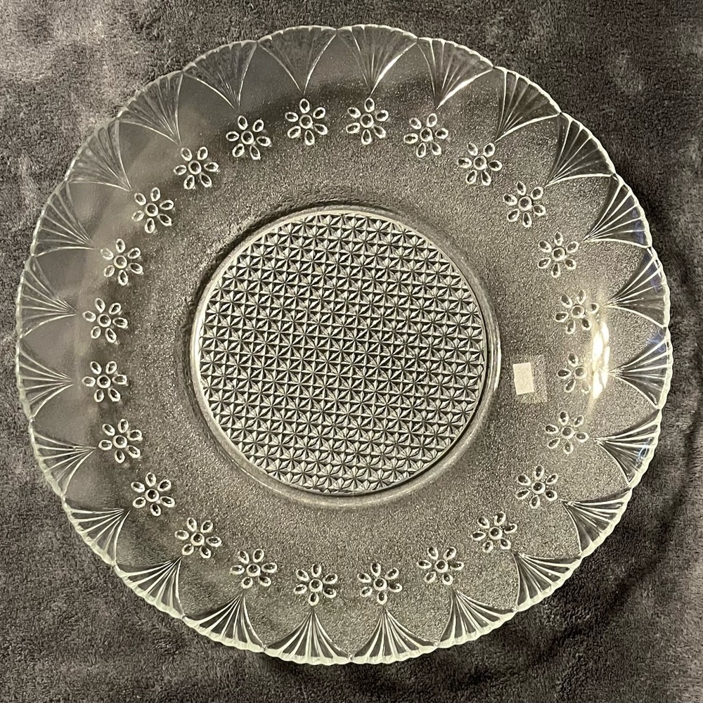 Vintage Large Crystal Shallow Bowl With Embossed Flowers and Fans 13.25 in.